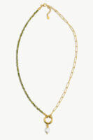 Reve Jewel Olive Necklace - Stone, Green, Pearl, White, Chain, Gold, Circle